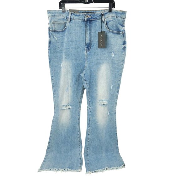Risen Jeans Distressed Flare Leg Size 3XL High Rise Very Stretchy Light Wash NEW - Picture 2 of 13